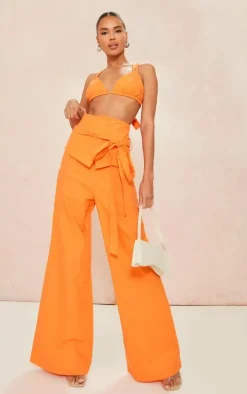 Bright Orange Linen Look Oversized Belted High Waisted Wide Leg Pants