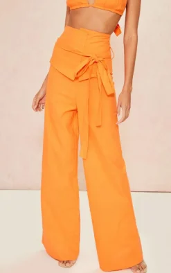 Bright Orange Linen Look Oversized Belted High Waisted Wide Leg Pants