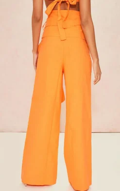 Bright Orange Linen Look Oversized Belted High Waisted Wide Leg Pants