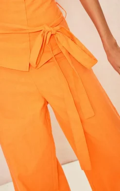 Bright Orange Linen Look Oversized Belted High Waisted Wide Leg Pants