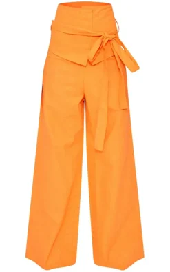 Bright Orange Linen Look Oversized Belted High Waisted Wide Leg Pants