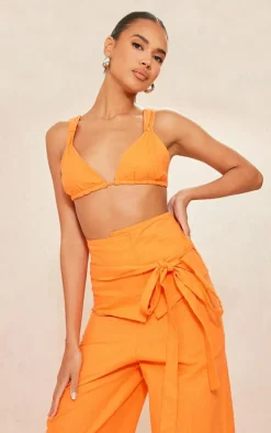 Bright Orange Linen Look Tie Back Micro Triangle Bralet