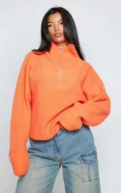 Bright Orange Marl Chunky Knit Half Zip Sweater