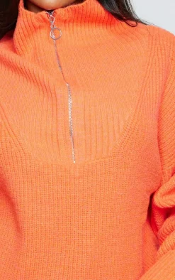 Bright Orange Marl Chunky Knit Half Zip Sweater