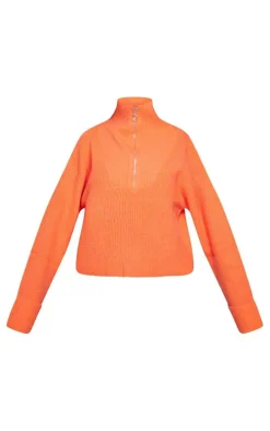 Bright Orange Marl Chunky Knit Half Zip Sweater