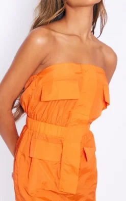Bright Orange Parachute Cargo Zip Pocket Bodycon Dress