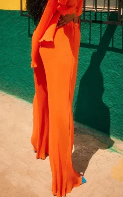 Bright Orange Plisse High Waisted Wide Leg Pants