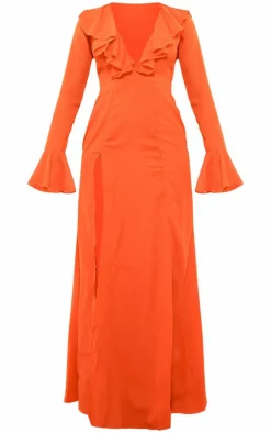 Bright Orange Plunge Frill Maxi Dress
