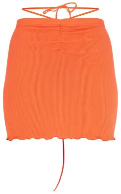Bright Orange Rib Tie Waist Frill Edge Mini Skirt