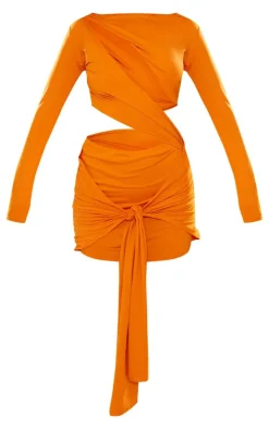 Bright Orange Slinky Cut Out Long Sleeve Knot Bodycon Dress