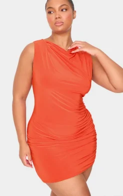 Bright Orange Slinky Ruched Shoulder Racer Neck Bodycon Dress
