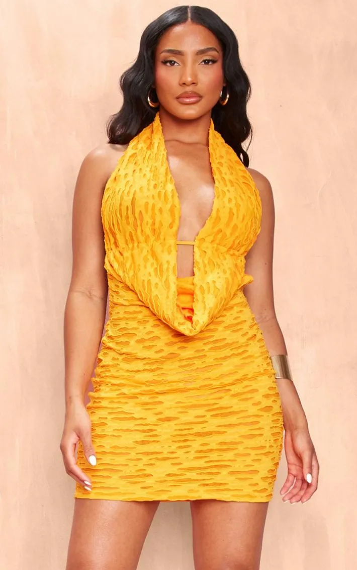 Bright Orange Textured Halter Neck Cowl Neck Mini Dress