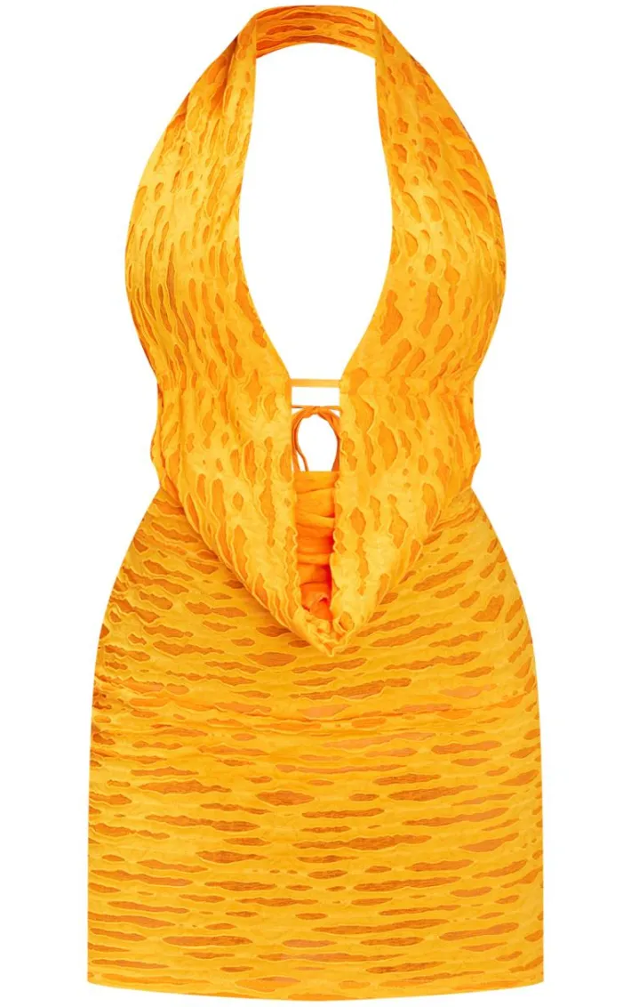 Bright Orange Textured Halter Neck Cowl Neck Mini Dress
