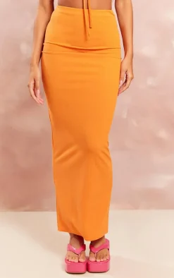 Bright Orange Textured Jersey Low Rise Midaxi Skirt