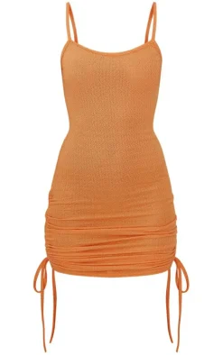 Bright Orange Textured Ruched Side Strappy Bodycon Dress