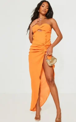 Bright Orange Twist Split Bandeau Maxi Dress