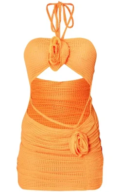 Bright Orange Waffle Texture Halterneck Cut Out Flower Bodycon Dress