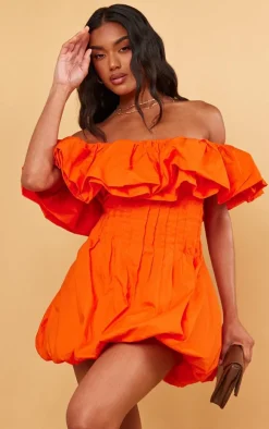 Bright Orange Woven Extreme Puff Bardot Shift Dress
