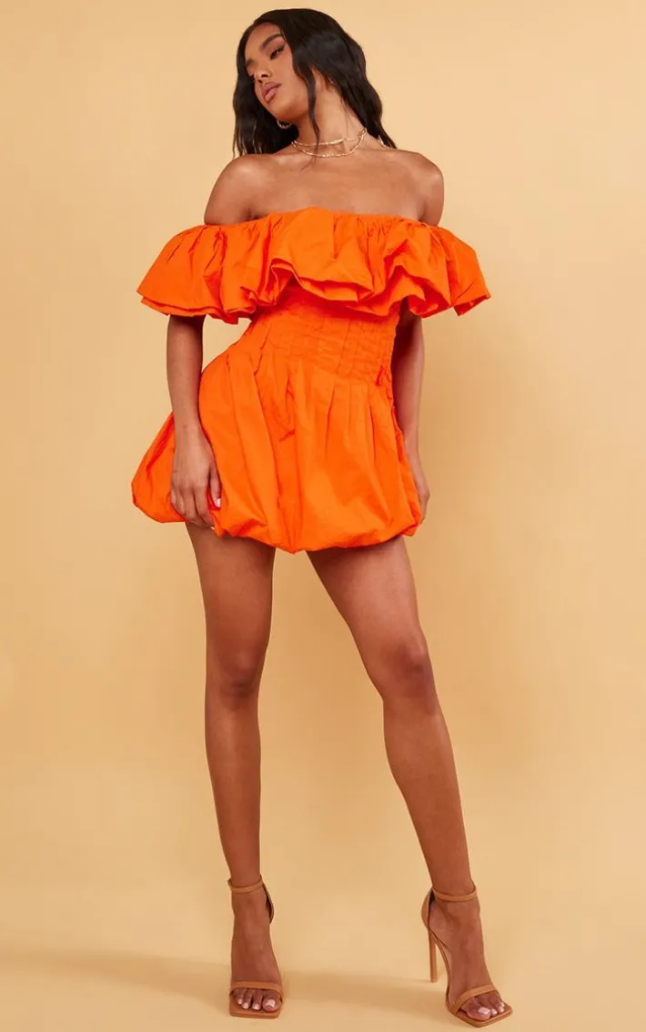 Bright Orange Woven Extreme Puff Bardot Shift Dress