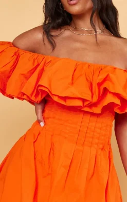 Bright Orange Woven Extreme Puff Bardot Shift Dress