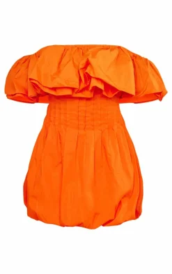 Bright Orange Woven Extreme Puff Bardot Shift Dress