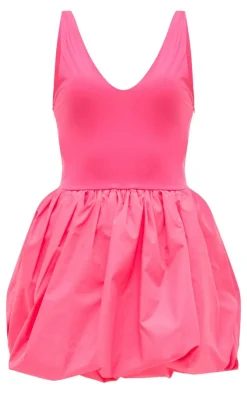 Bright Pink Contrast V Neck Puff Ball Dress