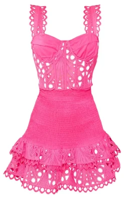 Bright Pink Crochet Tiered Shift Mini Dress