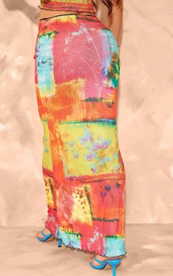 Bright Pink Floral Abstract Onion Skin Lettuce Hem Low Rise Maxi Skirt