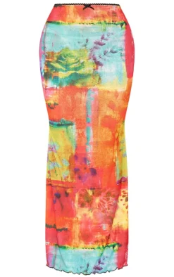 Bright Pink Floral Abstract Onion Skin Lettuce Hem Low Rise Maxi Skirt