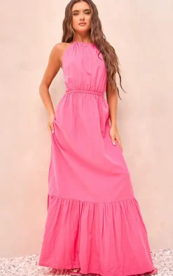 Bright Pink Linen Look Halterneck Backless Maxi Dress