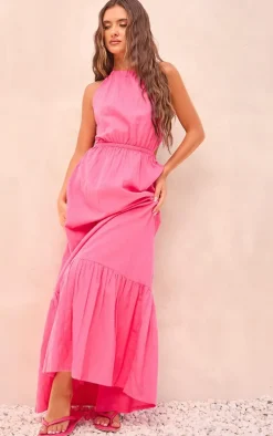 Bright Pink Linen Look Halterneck Backless Maxi Dress