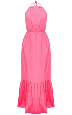 Bright Pink Linen Look Halterneck Backless Maxi Dress