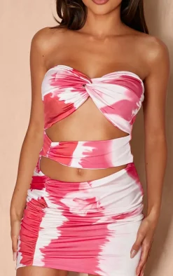 Bright Pink Marble Print Twist Detail Cut Out Bodycon Dress