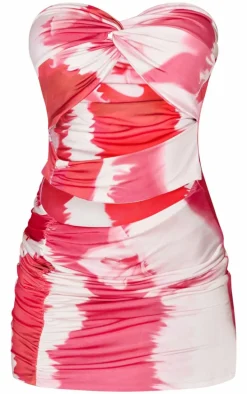 Bright Pink Marble Print Twist Detail Cut Out Bodycon Dress