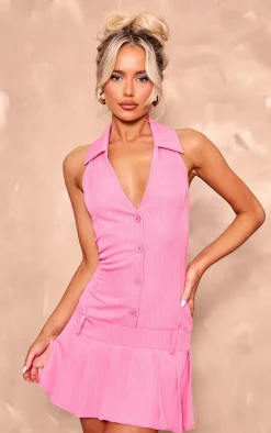 Bright Pink Pinstripe Tailored Woven Pleated Shift Dress