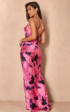 Bright Pink Printed Satin Halterneck Cowl Maxi Dress