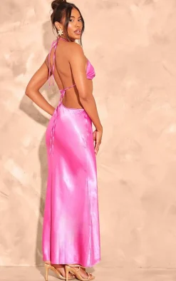 Bright Pink Satin Cut Out Halter Neck Maxi Dress