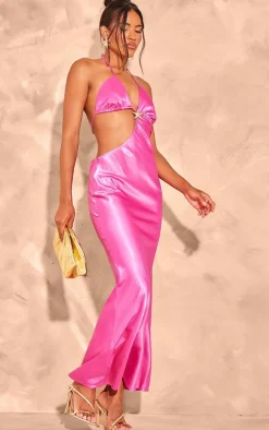 Bright Pink Satin Cut Out Halter Neck Maxi Dress