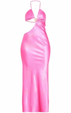 Bright Pink Satin Cut Out Halter Neck Maxi Dress