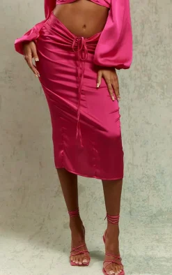 Bright Pink Satin Ruched V Front Detail Midaxi Skirt