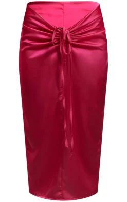 Bright Pink Satin Ruched V Front Detail Midaxi Skirt