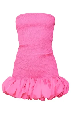 Bright Pink Shirred Bandeau Bodycon Dress
