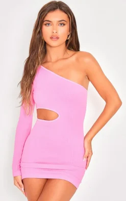 Bright Pink Structured Snatched Rib One Shoulder Cut Out Bodycon Dress