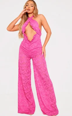 Bright Pink Textured Floral Cross Front Jumpsuit