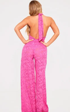 Bright Pink Textured Floral Cross Front Jumpsuit