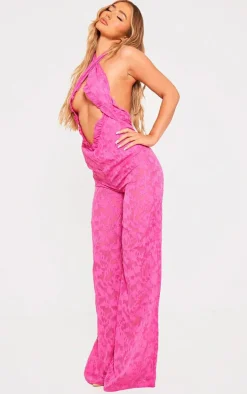 Bright Pink Textured Floral Cross Front Jumpsuit