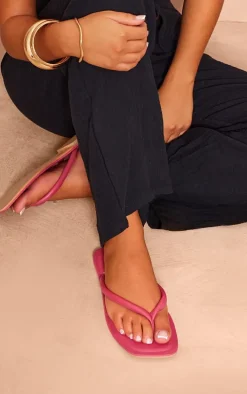 Bright Pink Wide Fit Real Leather Toe Thong Flat Sandals
