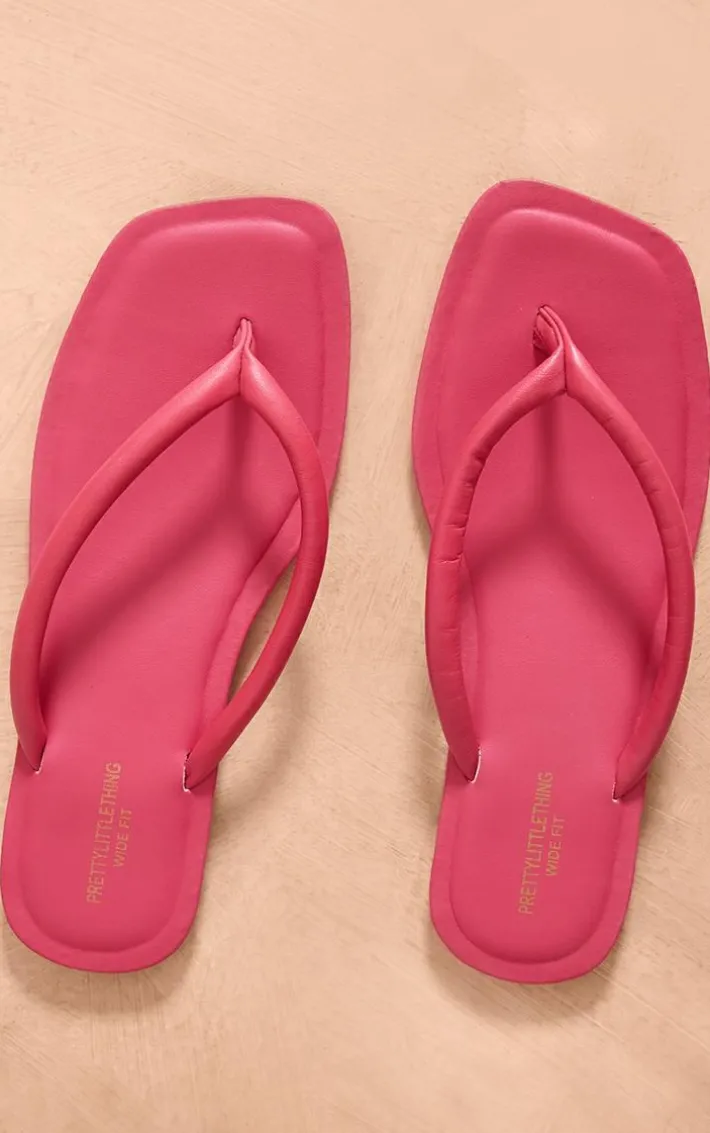Bright Pink Wide Fit Real Leather Toe Thong Flat Sandals