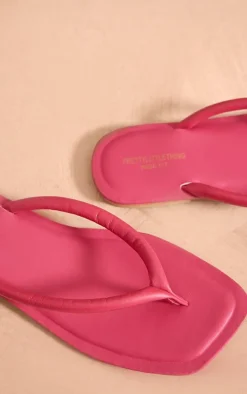Bright Pink Wide Fit Real Leather Toe Thong Flat Sandals