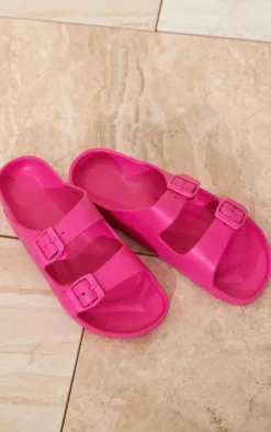 Bright Pink Wide Fit Rubber Buckle Footbed Slides